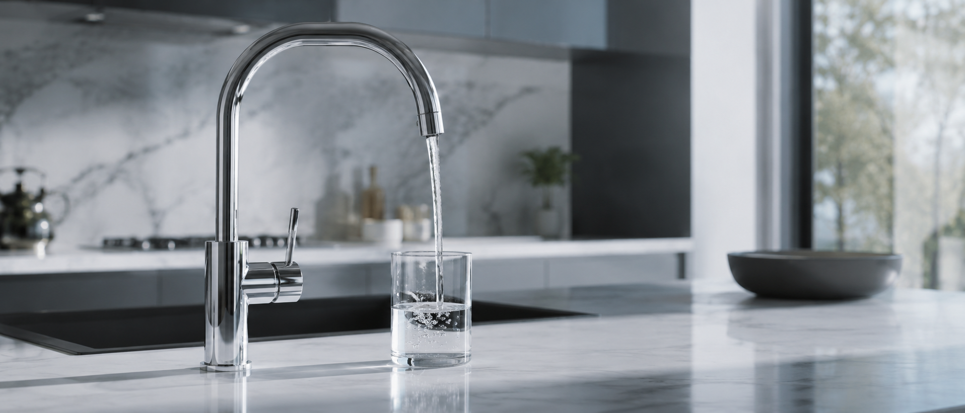 Cocina moderna con grifo de agua filtrada, vaso de vidrio y vista despejada de la mesada sin bidones